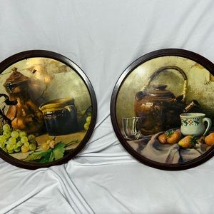 2 Vintage 10.5" Metal Tray/Decoration Coffee pot/ Grapes & Tea Pot Strawberries